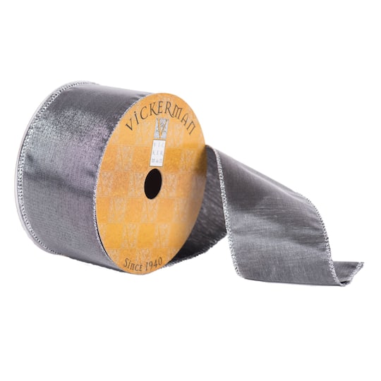 Vickerman 2.5" x 10yd. Gray Shiny with Silver Edge Wired Woven Christmas Ribbon | Michaels®